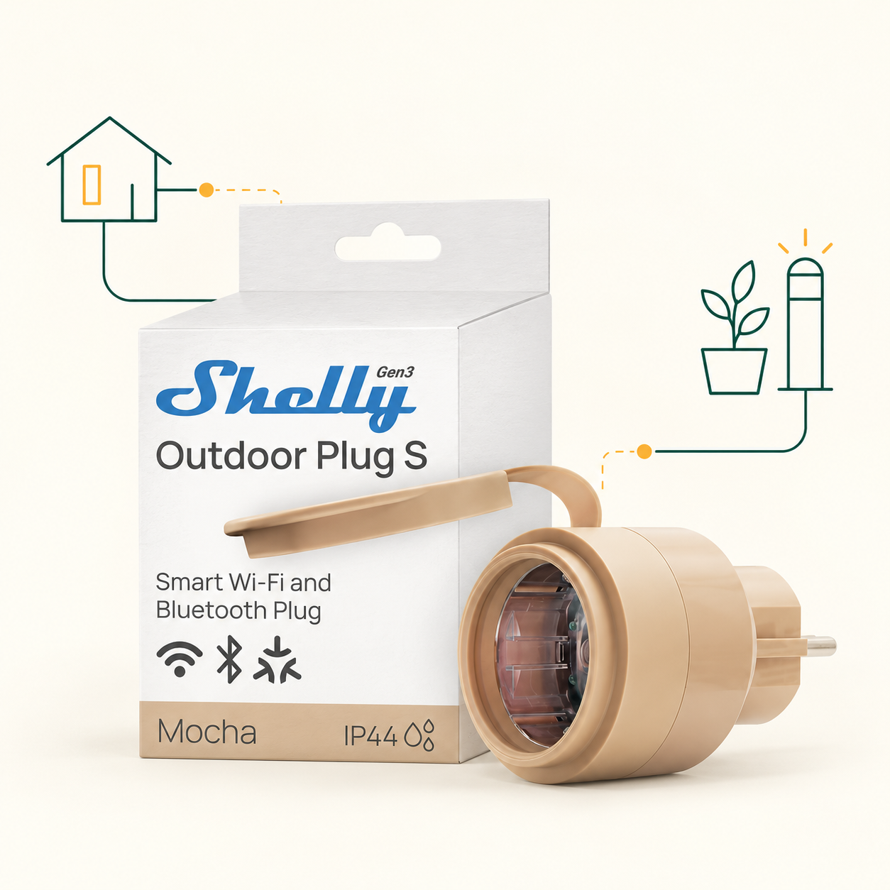 Bereitgestellte Abbildung: Shelly Outdoor Plug S Gen3 mit Schutzdeckel und Verpackung.