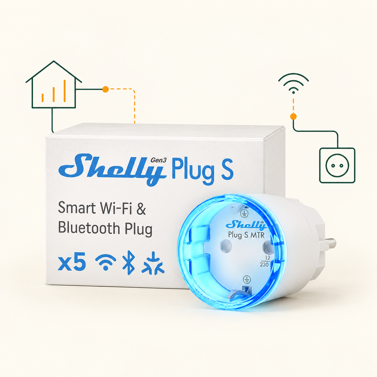 Bereitgestellte Abbildung: Shelly Plug S Gen3 mit Verpackung und blauem Steckdoseneinsatz.